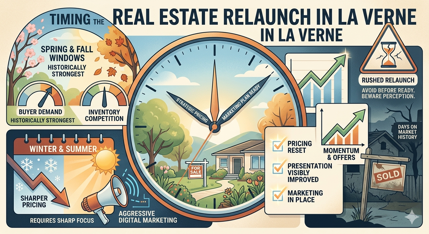 Infographic about timing a real estate relaunch in La Verne, showing stronger spring and fall market windows, weaker winter and summer conditions, the risks of rushing back on market, and the need for pricing reset, improved presentation, and marketing readiness before relaunch.