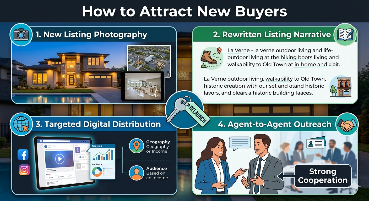 nfographic showing four ways to attract new buyers to a relisted home: new listing photography, rewritten property description, targeted digital marketing, and agent-to-agent outreach.