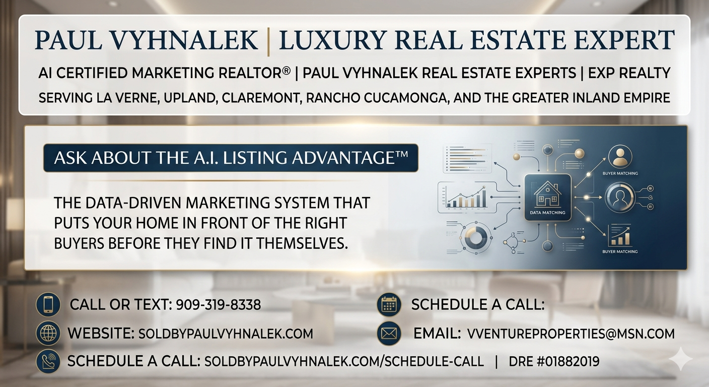 Promotional real estate graphic for Paul Vyhnalek, luxury real estate expert and AI certified marketing Realtor, featuring the A.I. Listing Advantage with contact details for sellers in La Verne, Upland, Claremont, Rancho Cucamonga, and the Inland Empire.