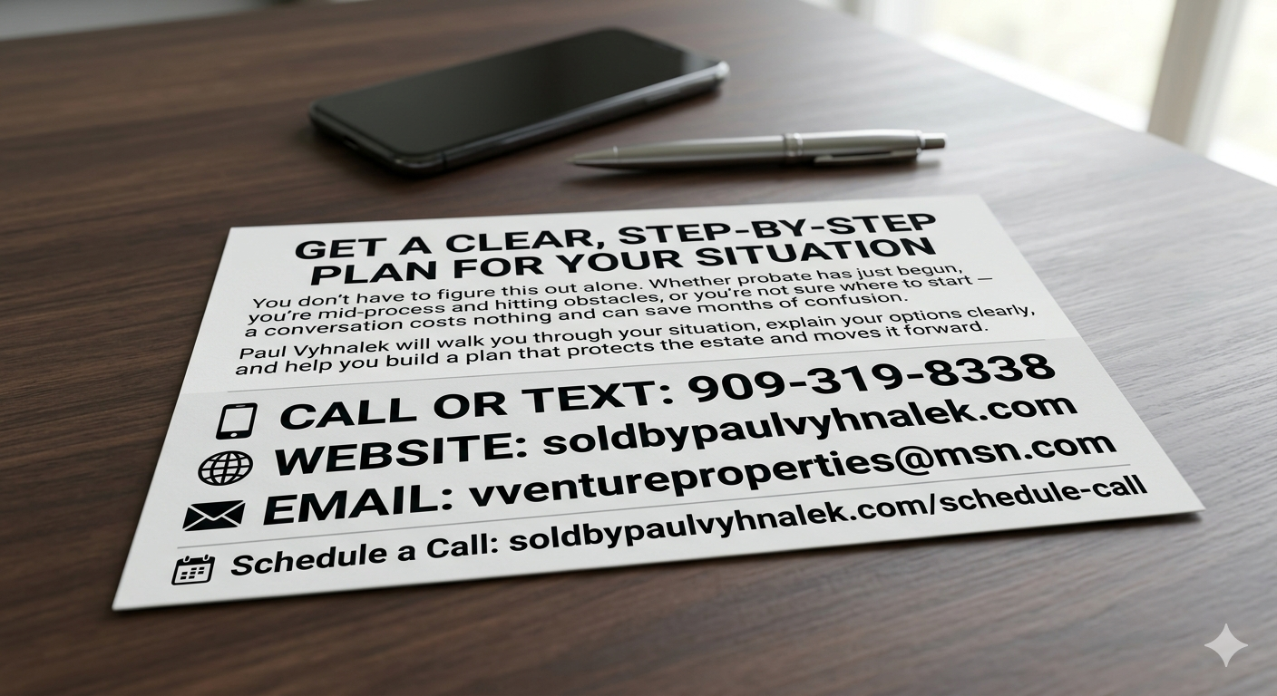 Printed contact card on a desk offering a clear step-by-step plan for probate or estate situations, with Paul Vyhnalek’s phone, website, email, and scheduling information.
