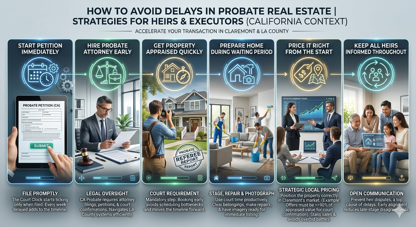 Infographic outlining how to avoid delays in California probate real estate, with step-by-step guidance for heirs and executors on filing early, hiring a probate attorney, getting the property appraised, preparing the home, pricing it correctly, and keeping heirs informed.
