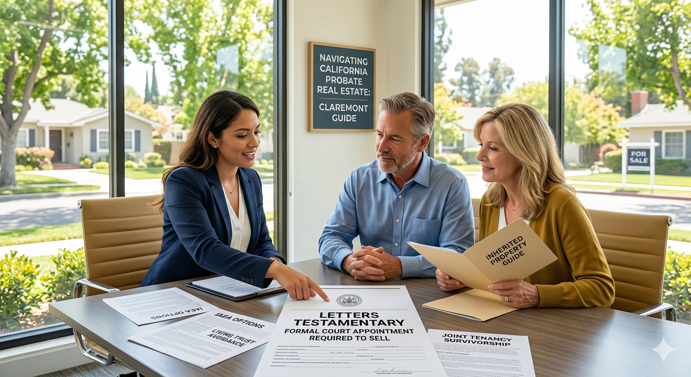 Probate real estate consultation in Claremont, California, with an agent meeting a couple to review inherited property sale documents, court appointment requirements, and probate guidance in a bright office.