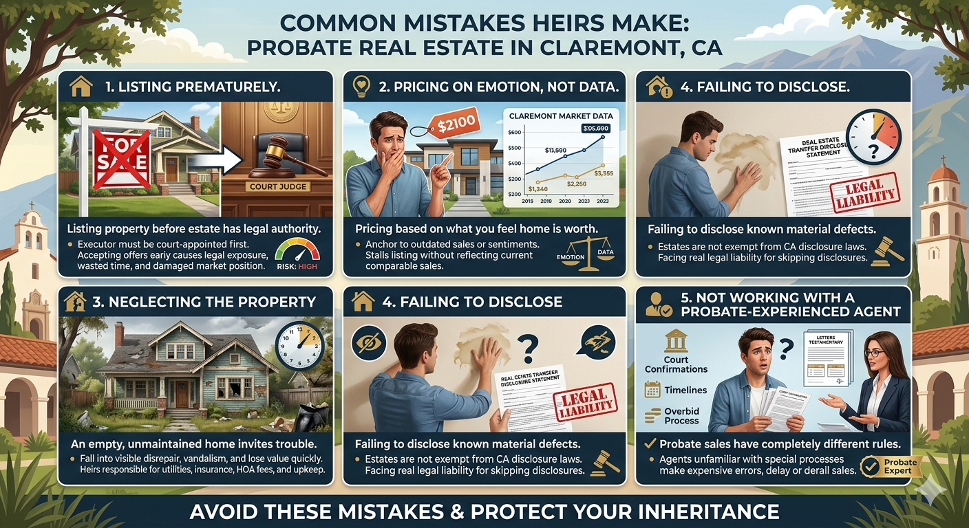 Infographic about common mistakes heirs make when selling probate real estate in Claremont, California, including listing too early, pricing emotionally instead of using market data, neglecting property upkeep, skipping required disclosures, and not hiring a probate-experienced real estate agent.