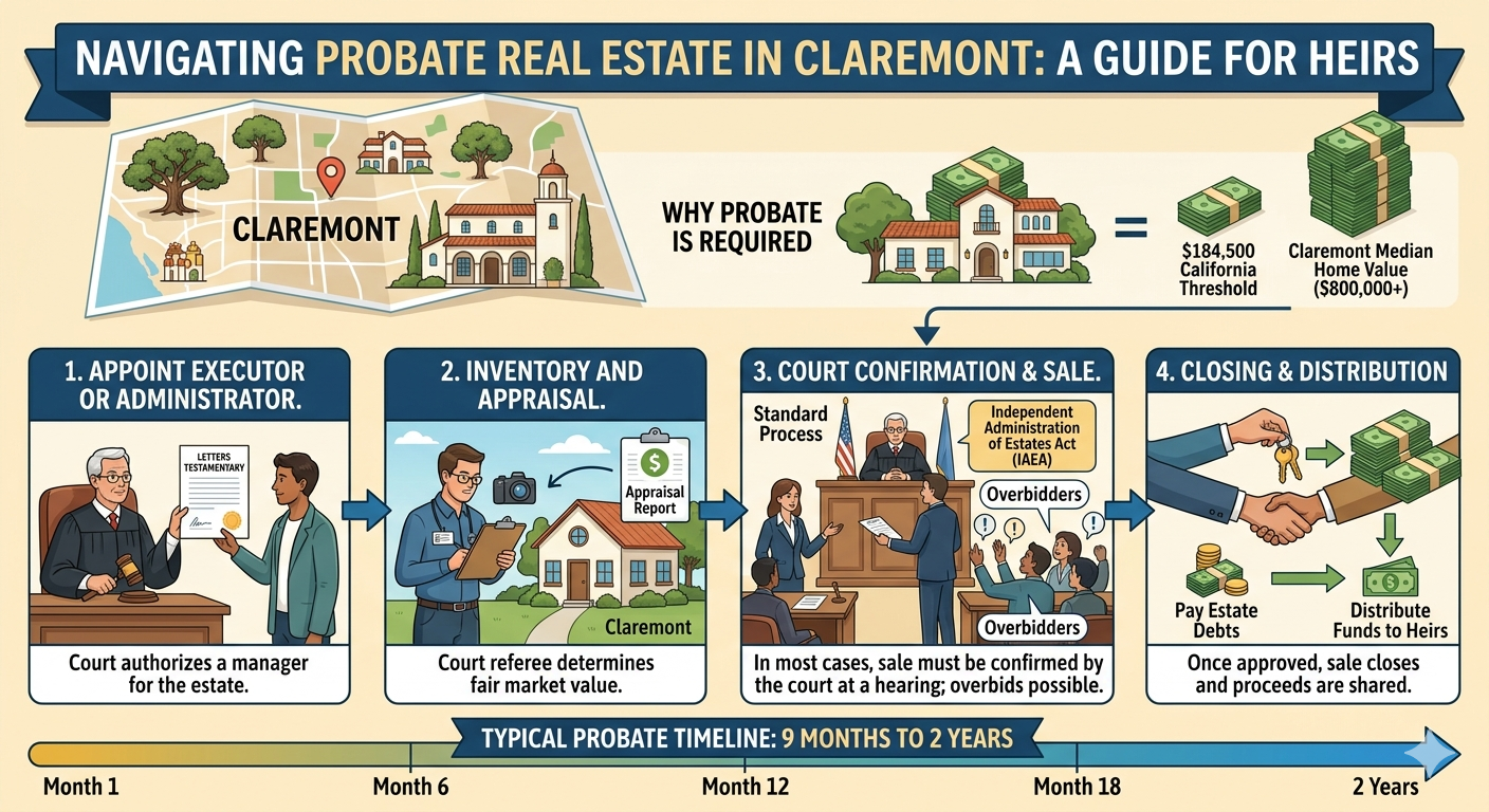 Infographic explaining the probate real estate process in Claremont for heirs, including executor appointment, appraisal, court confirmation and sale, closing, distribution, and a typical timeline of nine months to two years.