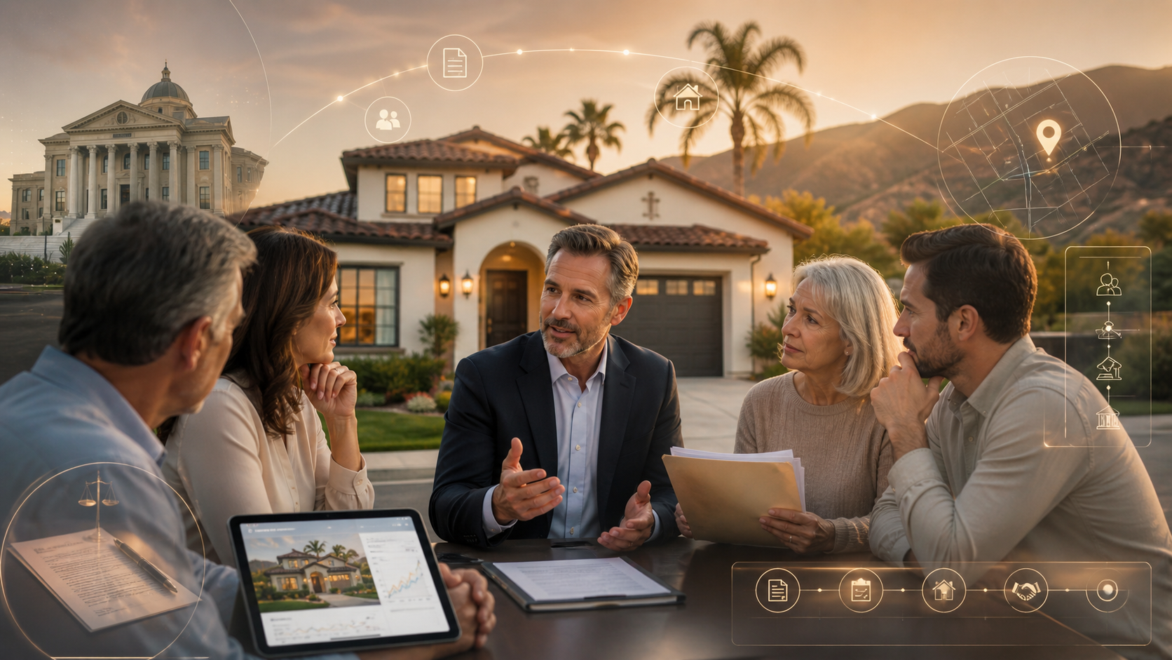 Real estate advisor meeting with a multigenerational family in front of a luxury home at sunset, discussing probate or inherited property strategy with documents, tablet data, and legal planning visuals.
