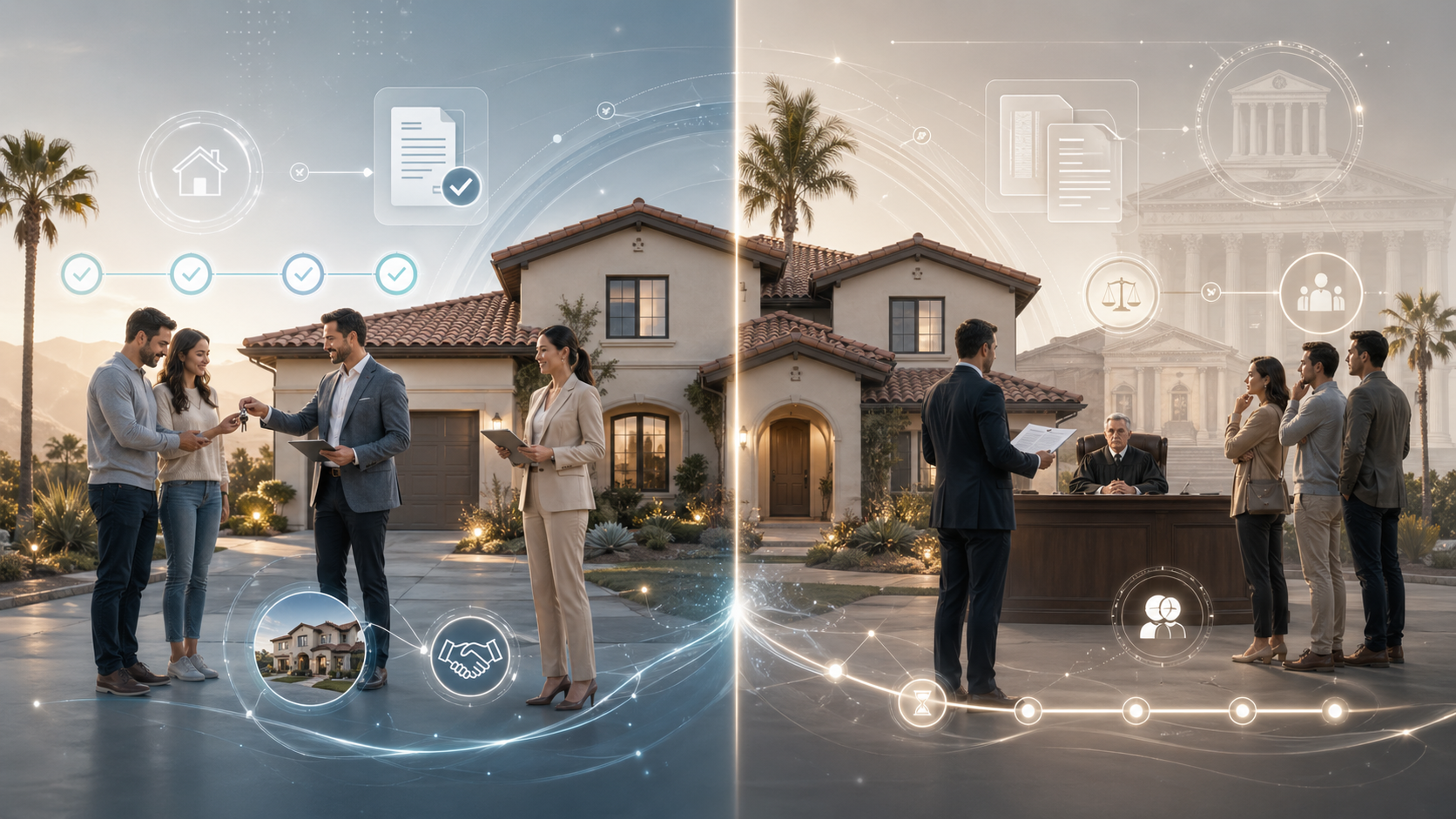 Probate real estate process in Southern California showing a home sale, court oversight, legal documents, heirs, and digital transaction steps.