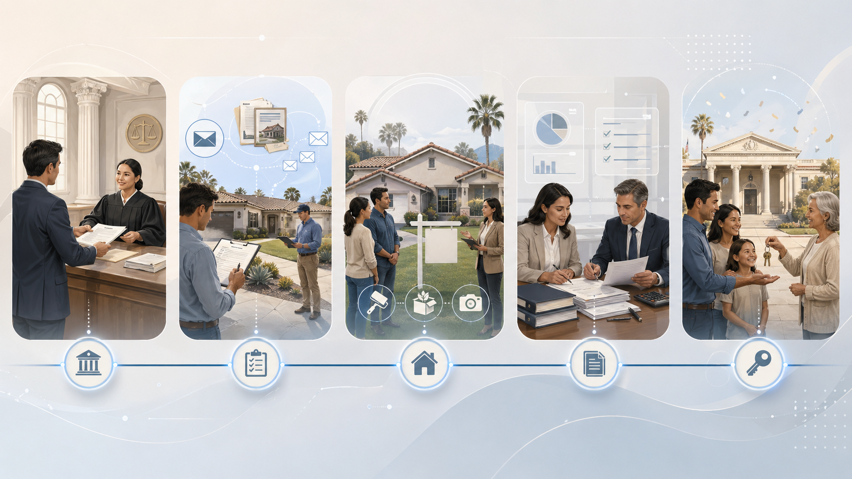 Step-by-step probate home sale process showing court filing, property evaluation, listing, offer review, legal approval, and final closing with keys handed to new homeowners.