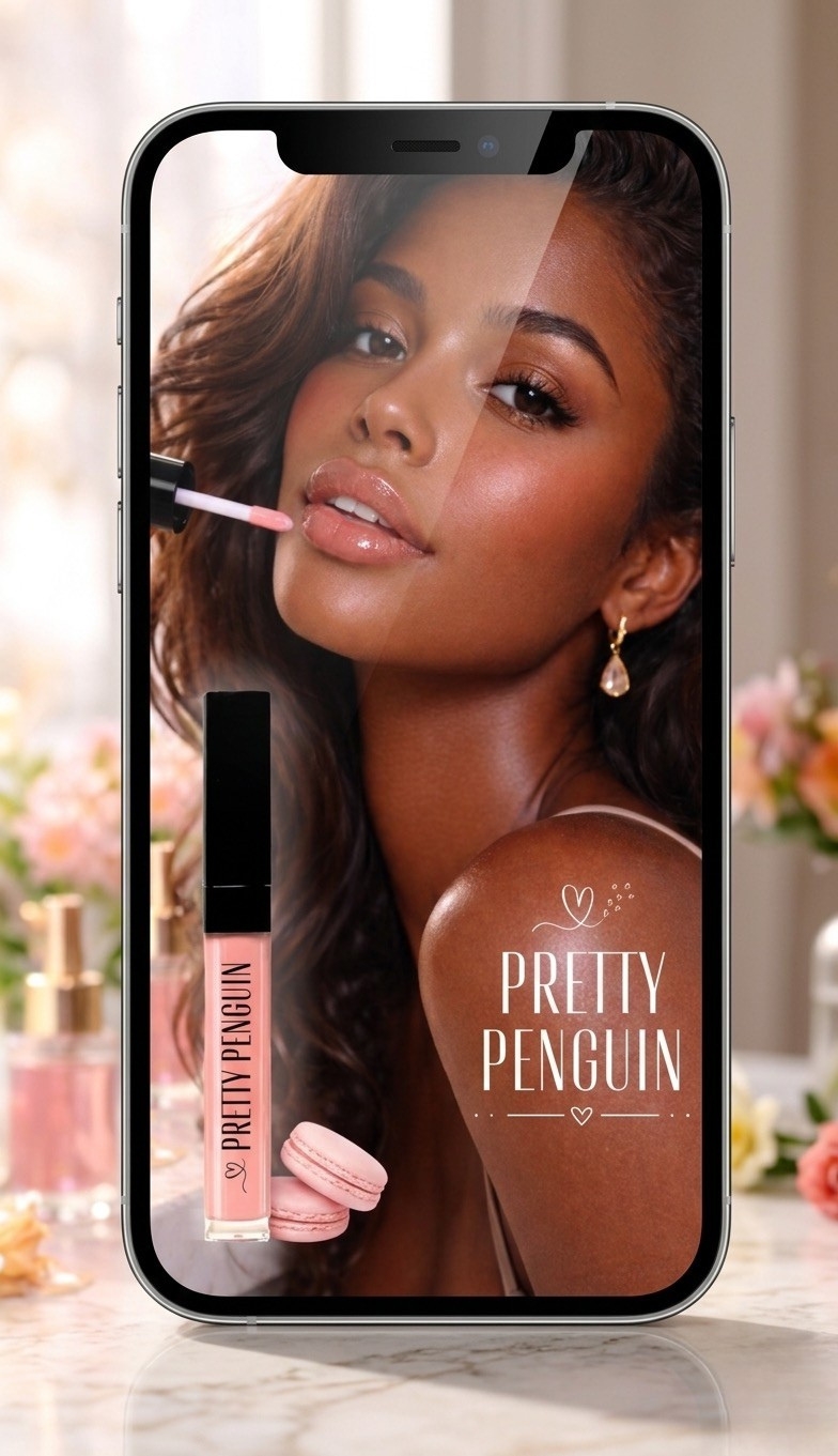 Pretty Penguin Beauty Brand designs being displayed on a laptop screen.