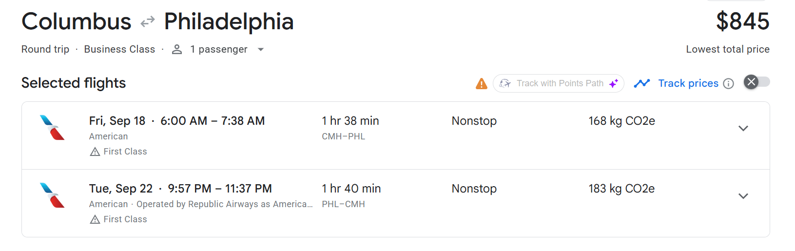 Google Flights showing an $845 roundtrip American Airlines first-class flight from Columbus to Philadelphia.
