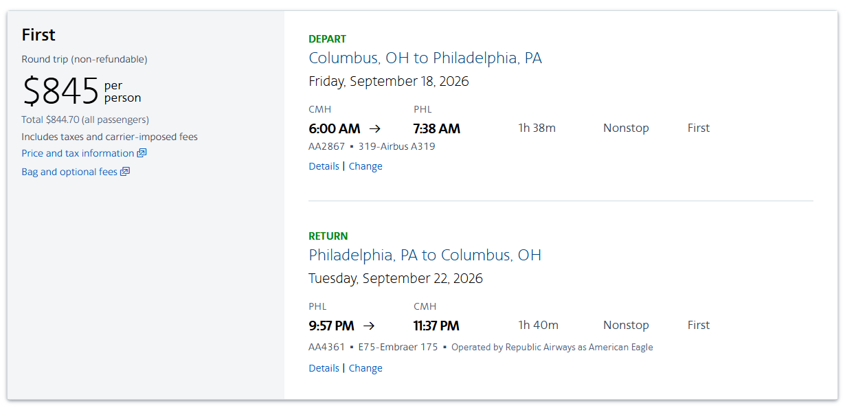 American Airlines cash fare of $844.70 for roundtrip first-class flights between Columbus and Philadelphia.