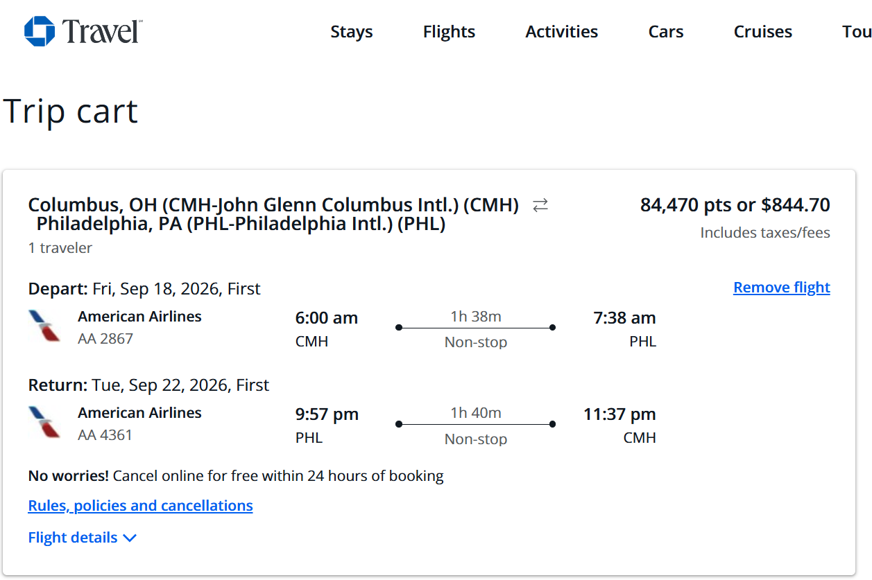 Chase Travel showing an American Airlines first-class itinerary for $844.70 or 84,470 points.