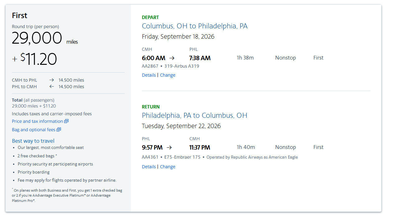 American Airlines award booking showing 29,000 AAdvantage miles plus $11.20 for the roundtrip first-class itinerary.