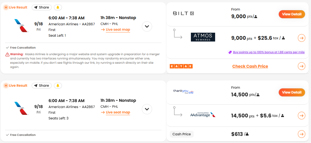 PointsYeah search comparing the same American Airlines first-class flight at 14,500 AAdvantage miles versus 9,000 Atmos points.