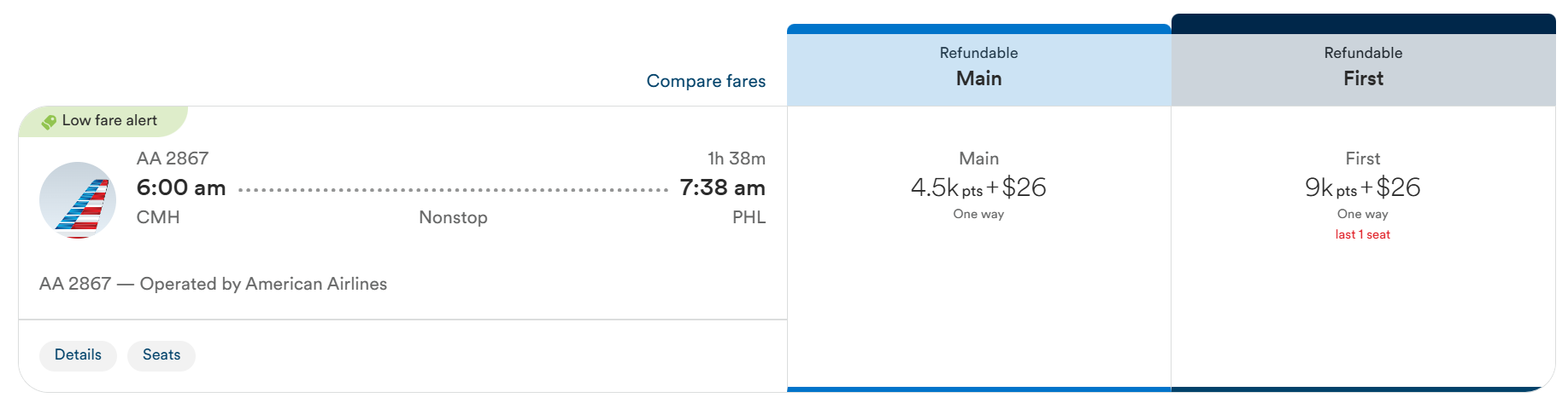 Atmos Rewards search showing an American Airlines first-class flight for 9,000 points plus about $26.