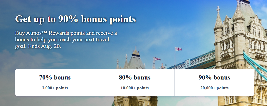 Atmos Rewards promotion offering up to a 90% bonus on purchased points, including a 90% bonus for purchases of 20,000 points or more.