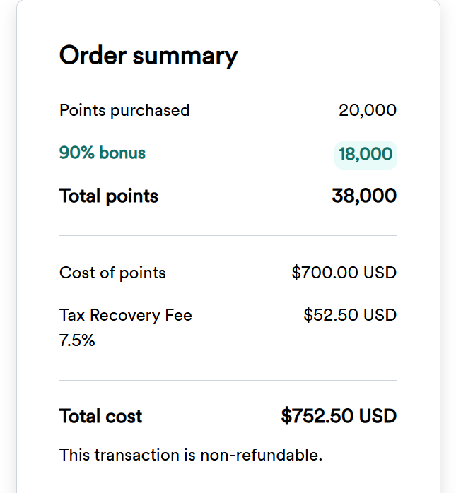 Atmos Rewards order summary showing 20,000 purchased points, an 18,000-point bonus, 38,000 total points, and a $752.50 total cost including a $52.50 tax recovery fee.