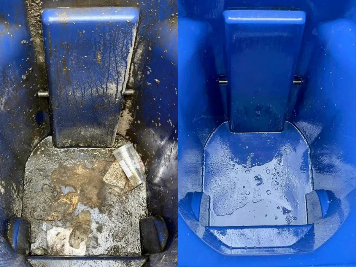 A split image showing the inside of a dirty blue garbage can on the left and a clean one on the right with a small pool of water.