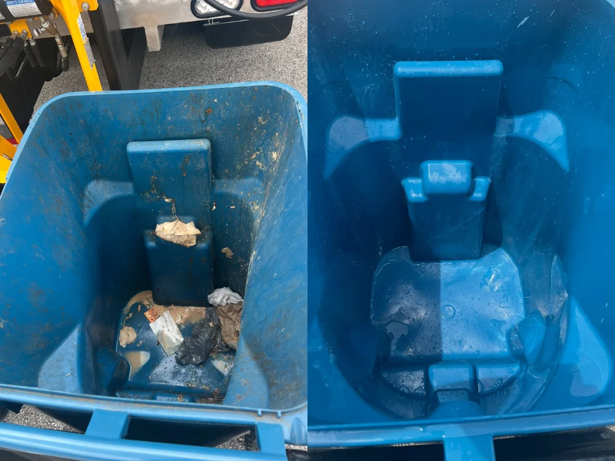 A side-by-side comparison shows a dirty blue trash can on the left and the same can cleaned on the right.