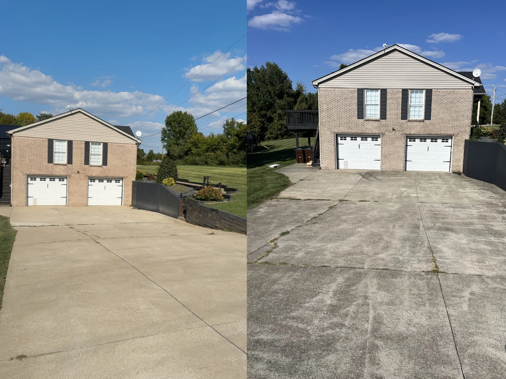 A split image shows the same two-story brick and siding house with two garage doors and a long concrete driveway.