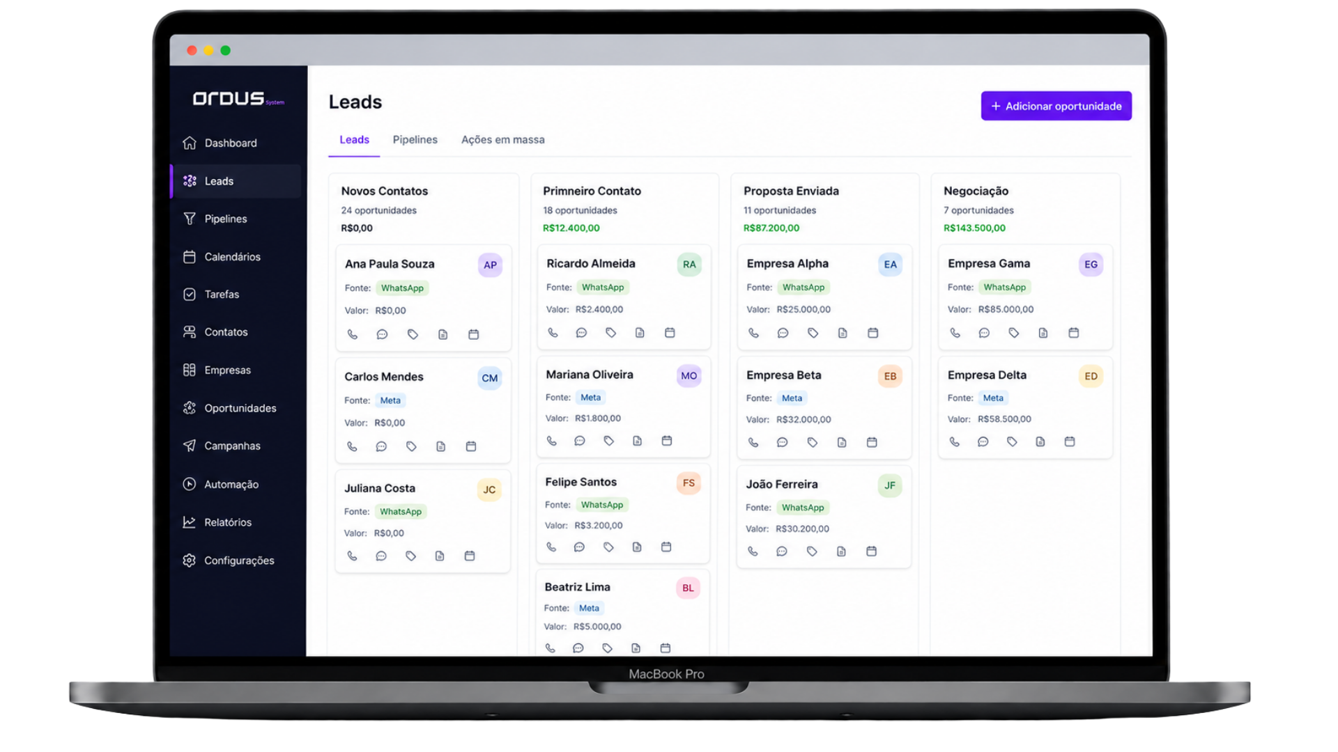 Painel CRM Ordus System com pipeline de leads organizado por etapas