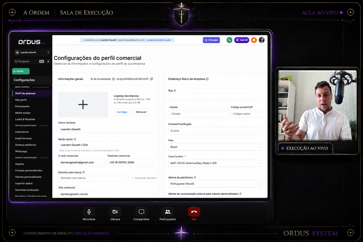 Aula ao vivo de onboarding na Sala de Execução Ordus, com a equipe acompanhando a configuração do CRM em tempo real