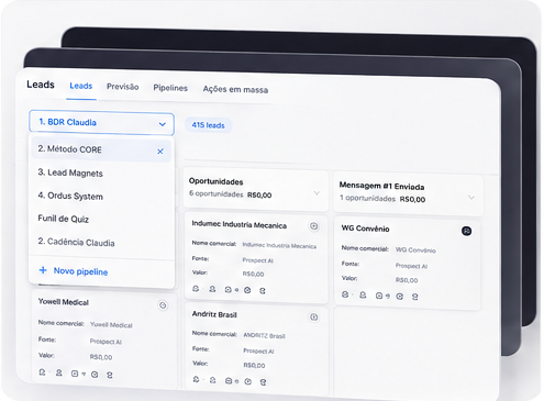 Seletor de pipelines do Ordus CRM mostrando várias pipelines cadastradas e a opção de criar uma nova