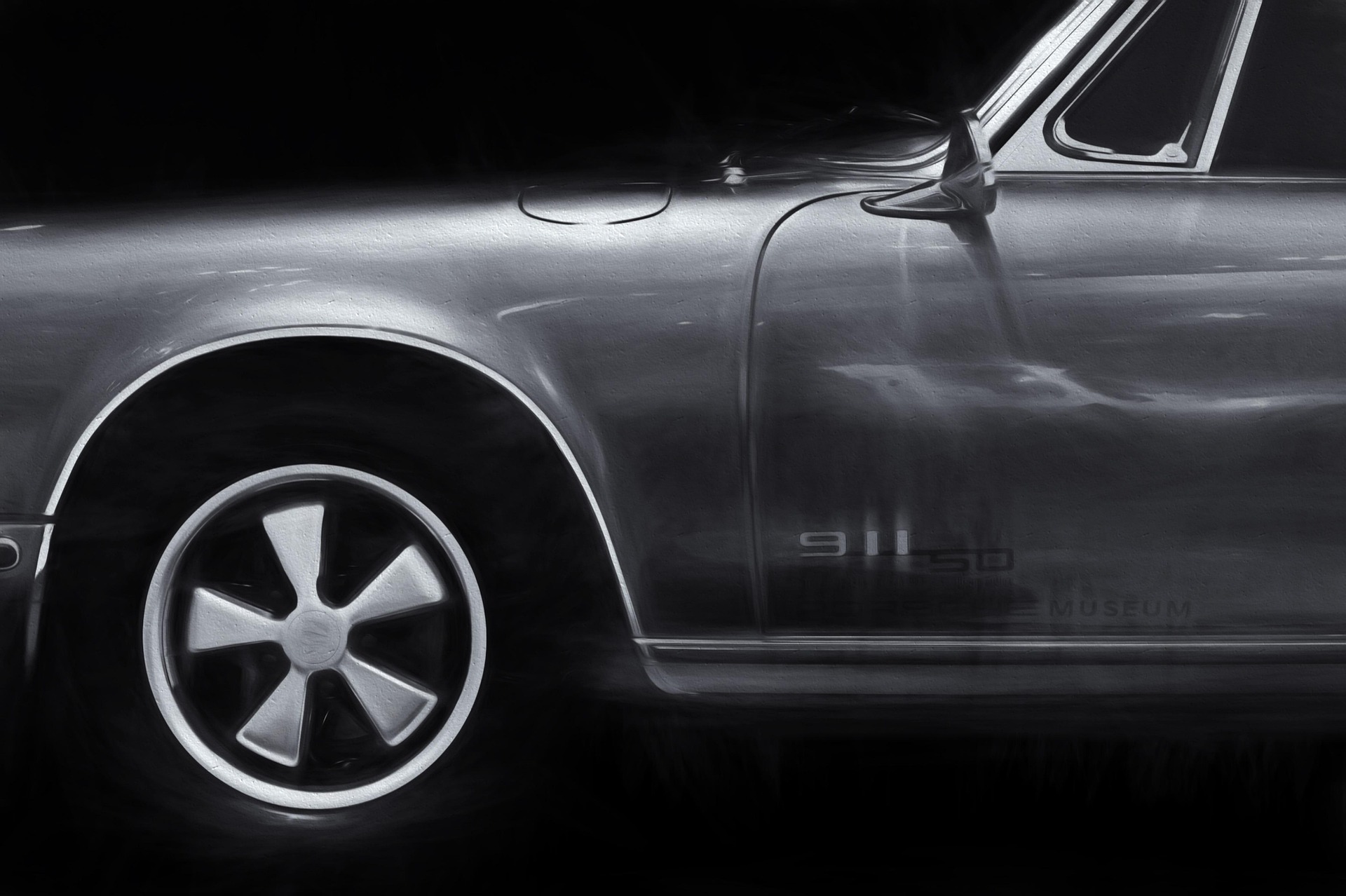 Détail noir et blanc d'une Porsche 911 3.0