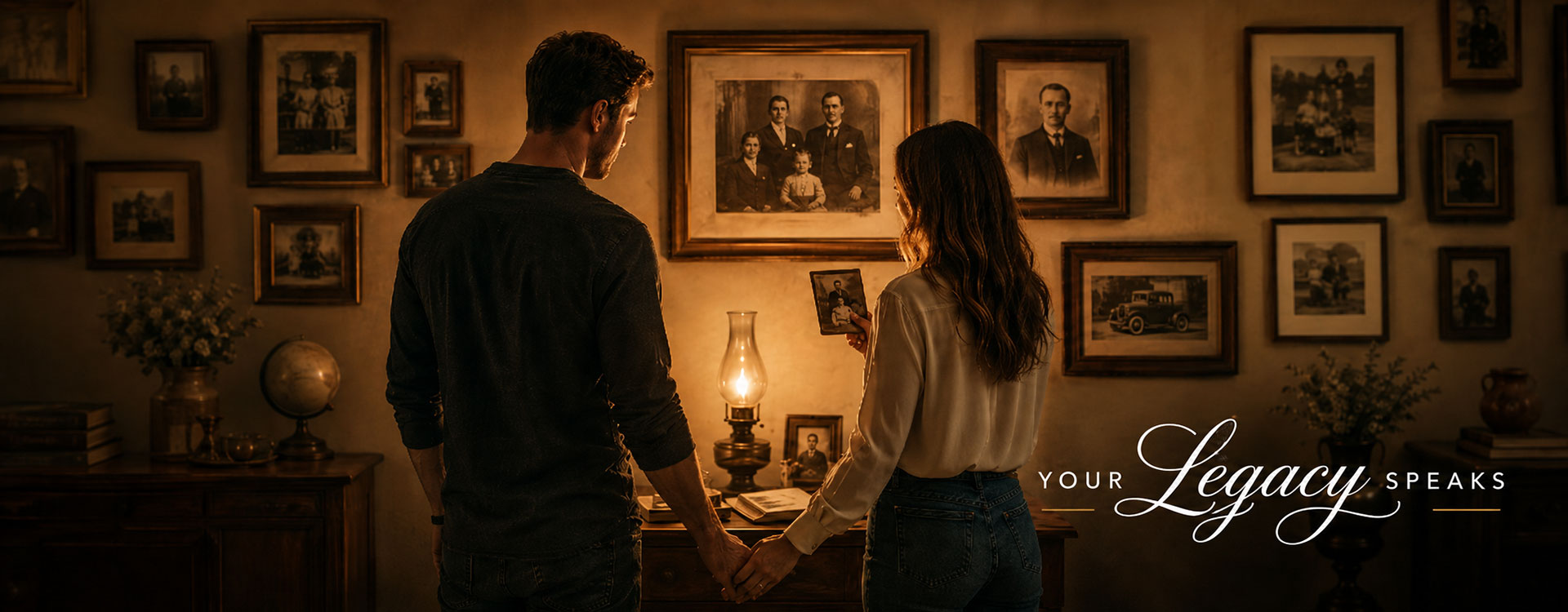 A couple viewing historic family photographs