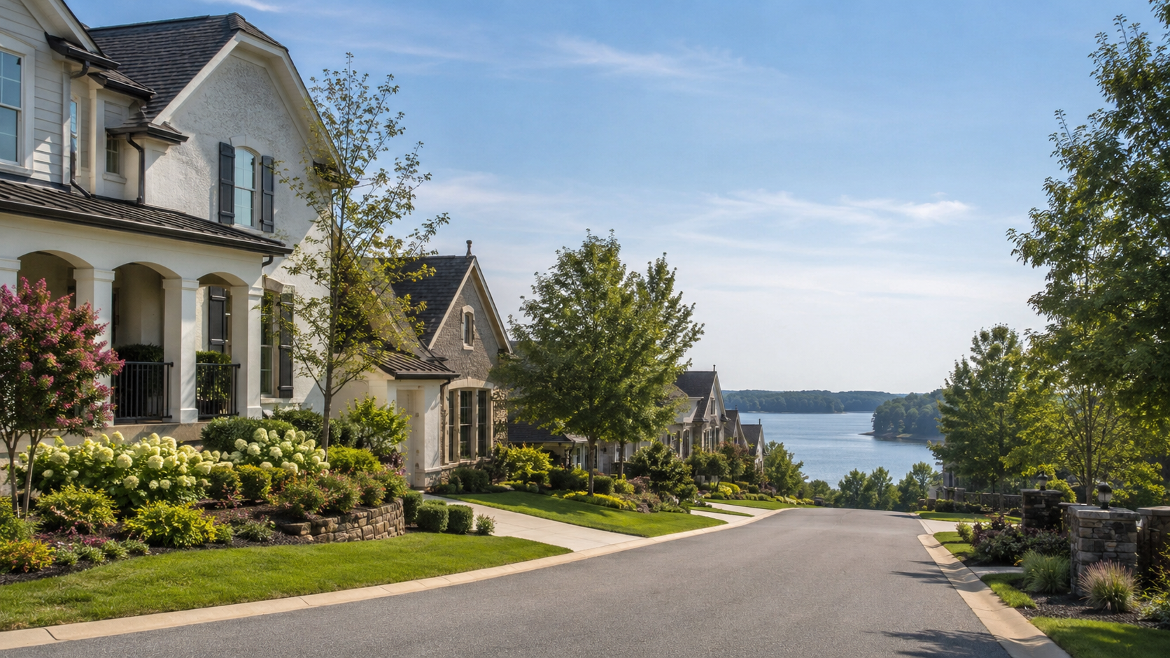 Upscale Lake Norman neighborhood with luxury homes, manicured landscaping, and water views. Upscale Lake Norman neighborhood with luxury homes, manicured landscaping, and water views.