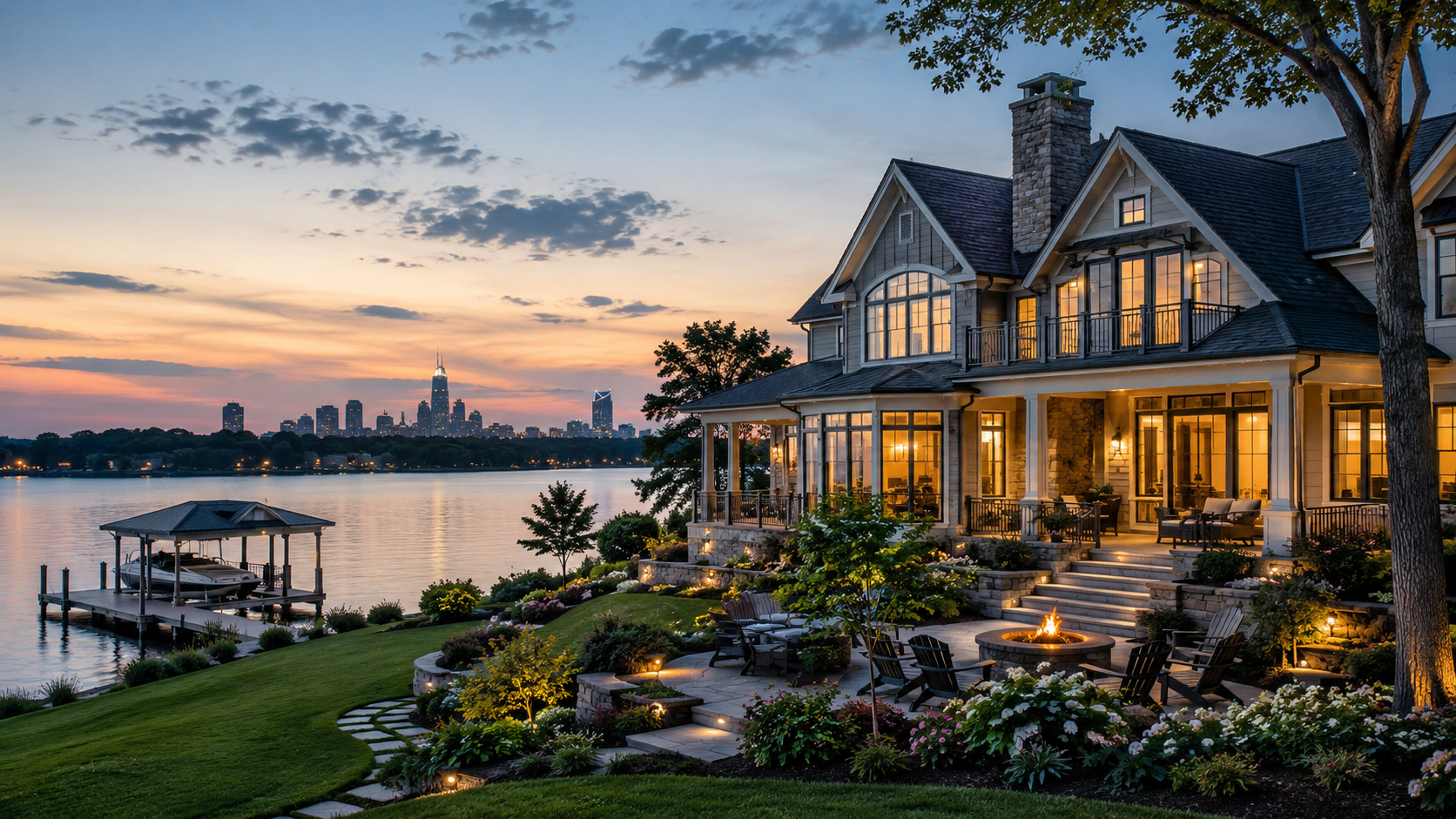 Lake Norman waterfront home with peaceful lake views and the distant Charlotte skyline. Lake Norman waterfront home with peaceful lake views and the distant Charlotte skyline.