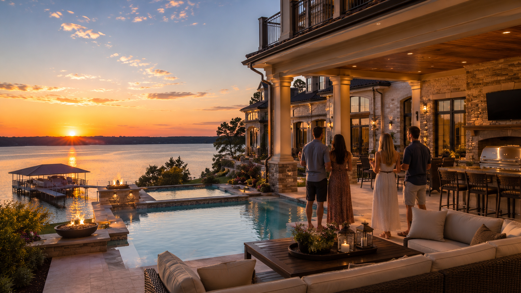 Luxury Lake Norman estate with pool, outdoor kitchen, private dock, and people gathered on the terrace at sunset. Luxury Lake Norman estate with pool, outdoor kitchen, private dock, and people gathered on the terrace at sunset.