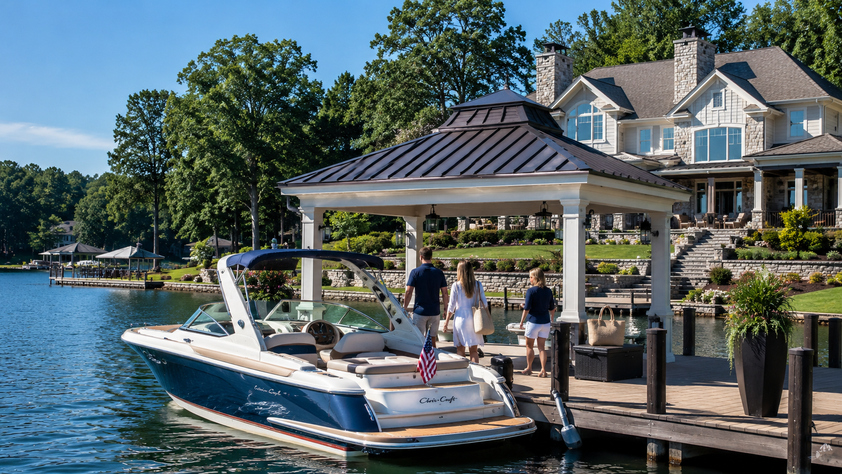 Luxury boat at a private covered dock on Lake Norman with people boarding and a waterfront home nearby. Luxury boat at a private covered dock on Lake Norman with people boarding and a waterfront home nearby.