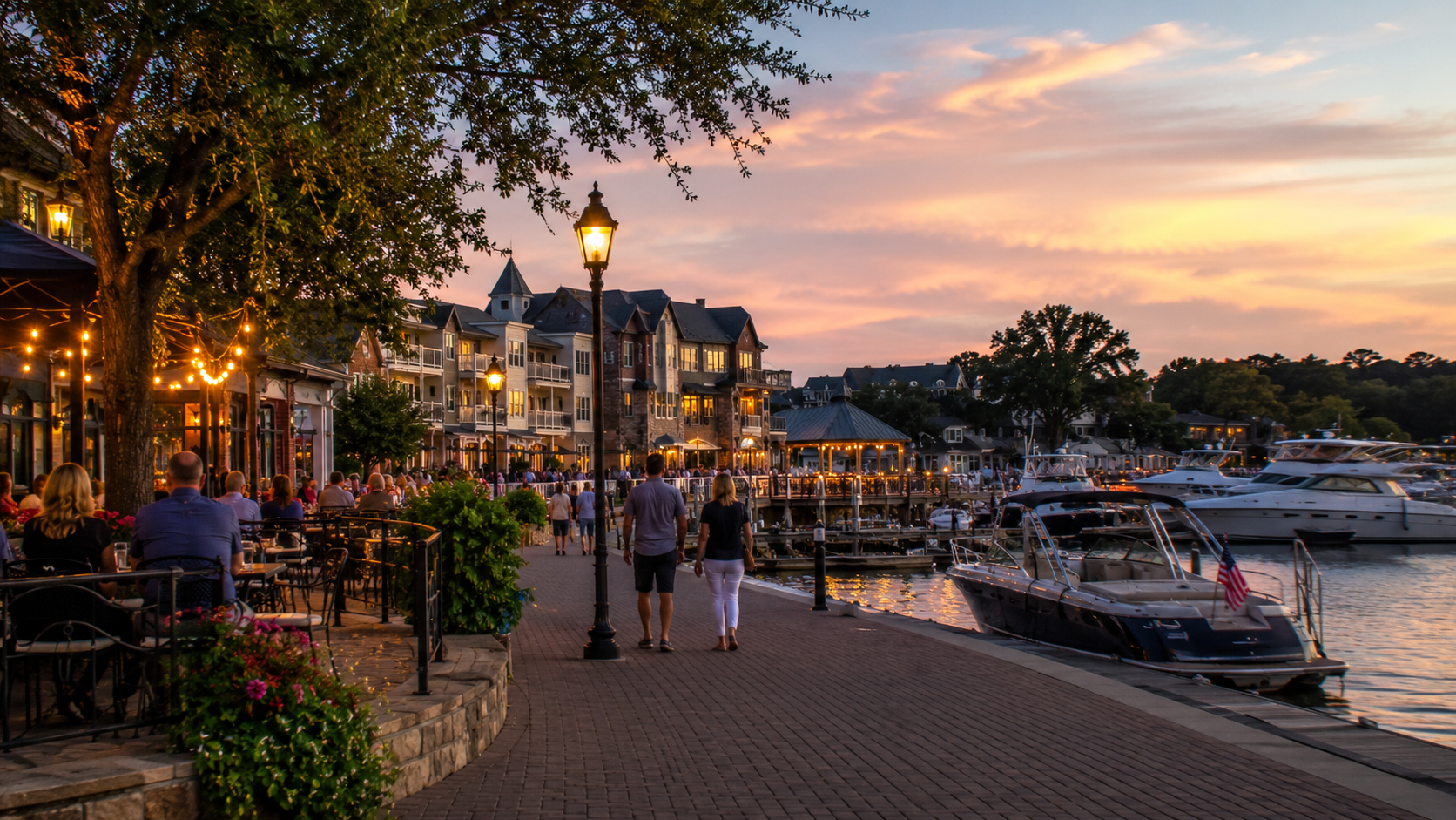 Lake Norman marina with waterfront dining, docked boats, warm evening light, and people enjoying the community. Lake Norman marina with waterfront dining, docked boats, warm evening light, and people enjoying the community.
