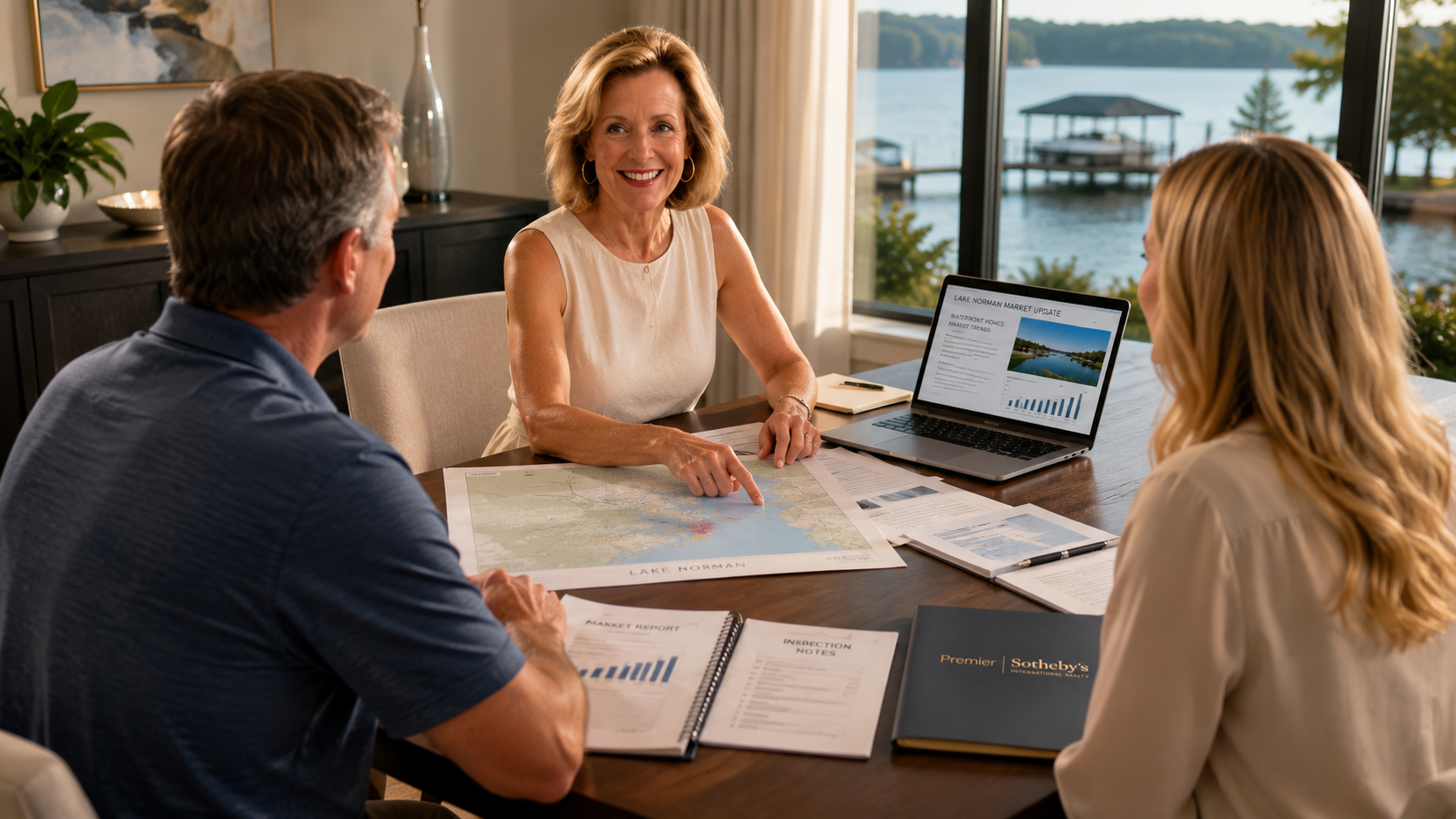 Real estate agents and clients reviewing a Lake Norman property map, market report, inspection notes, and laptop. Real estate agents and clients reviewing a Lake Norman property map, market report, inspection notes, and laptop.