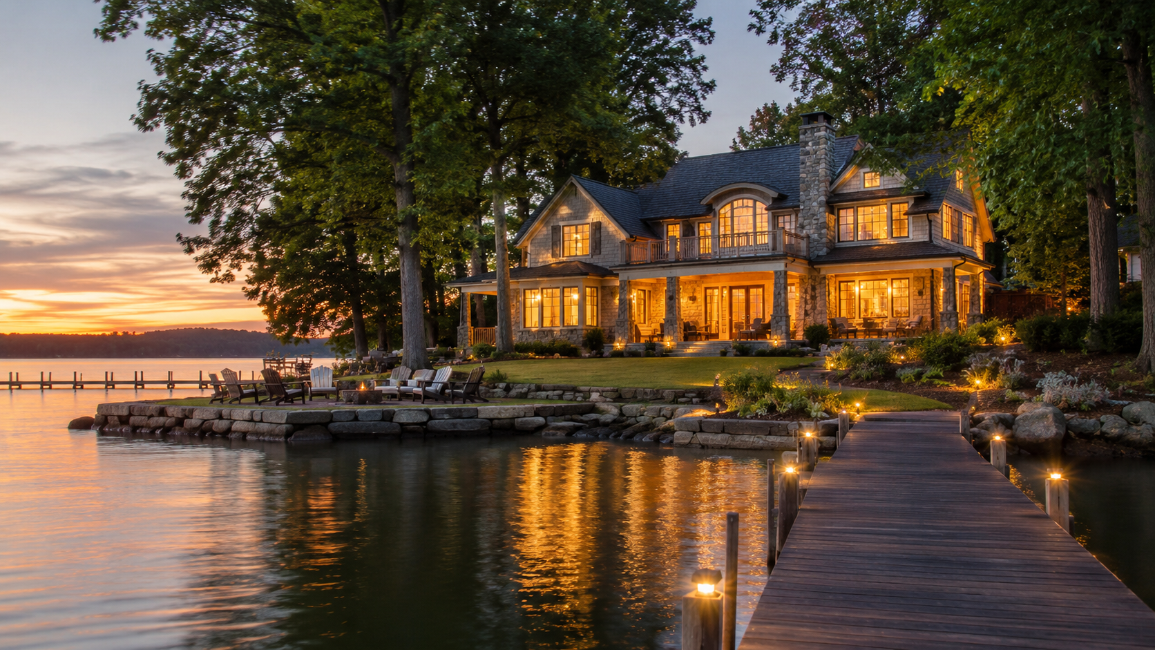 Lake Norman home with waterfront outdoor living space at sunset. Lake Norman home with waterfront outdoor living space at sunset.