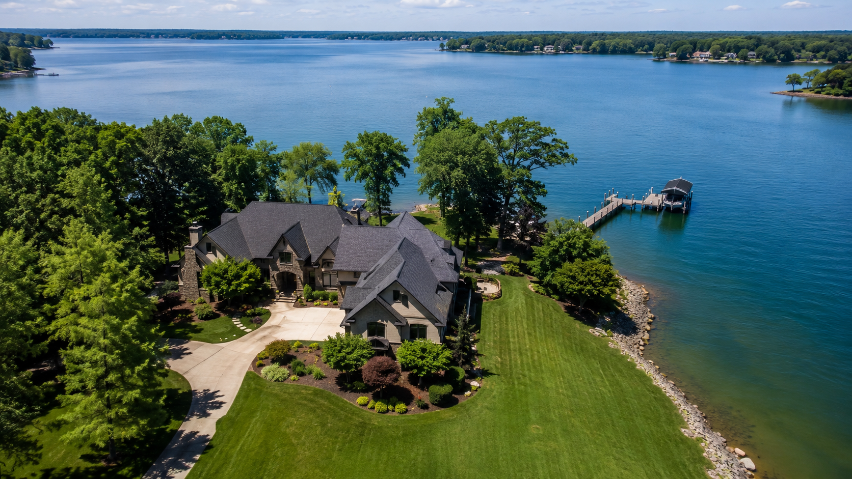 Aerial view of a Lake Norman waterfront home and private dock. Aerial view of a Lake Norman waterfront home and private dock.
