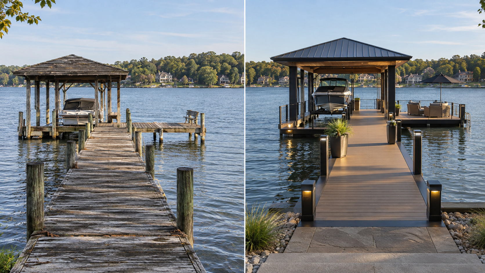 Older Lake Norman dock compared with a modern replacement dock and boat lift. Older Lake Norman dock compared with a modern replacement dock and boat lift.