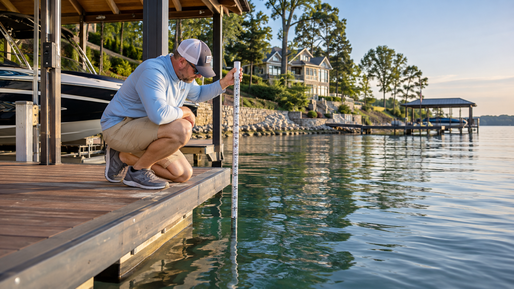 Measuring water depth at a private dock on Lake Norman. Measuring water depth at a private dock on Lake Norman.