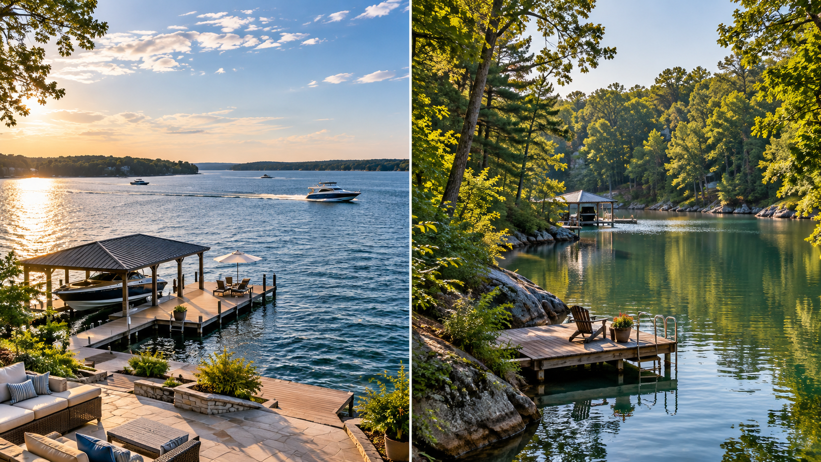 Main-channel and protected-cove waterfront settings on Lake Norman. Main-channel and protected-cove waterfront settings on Lake Norman.