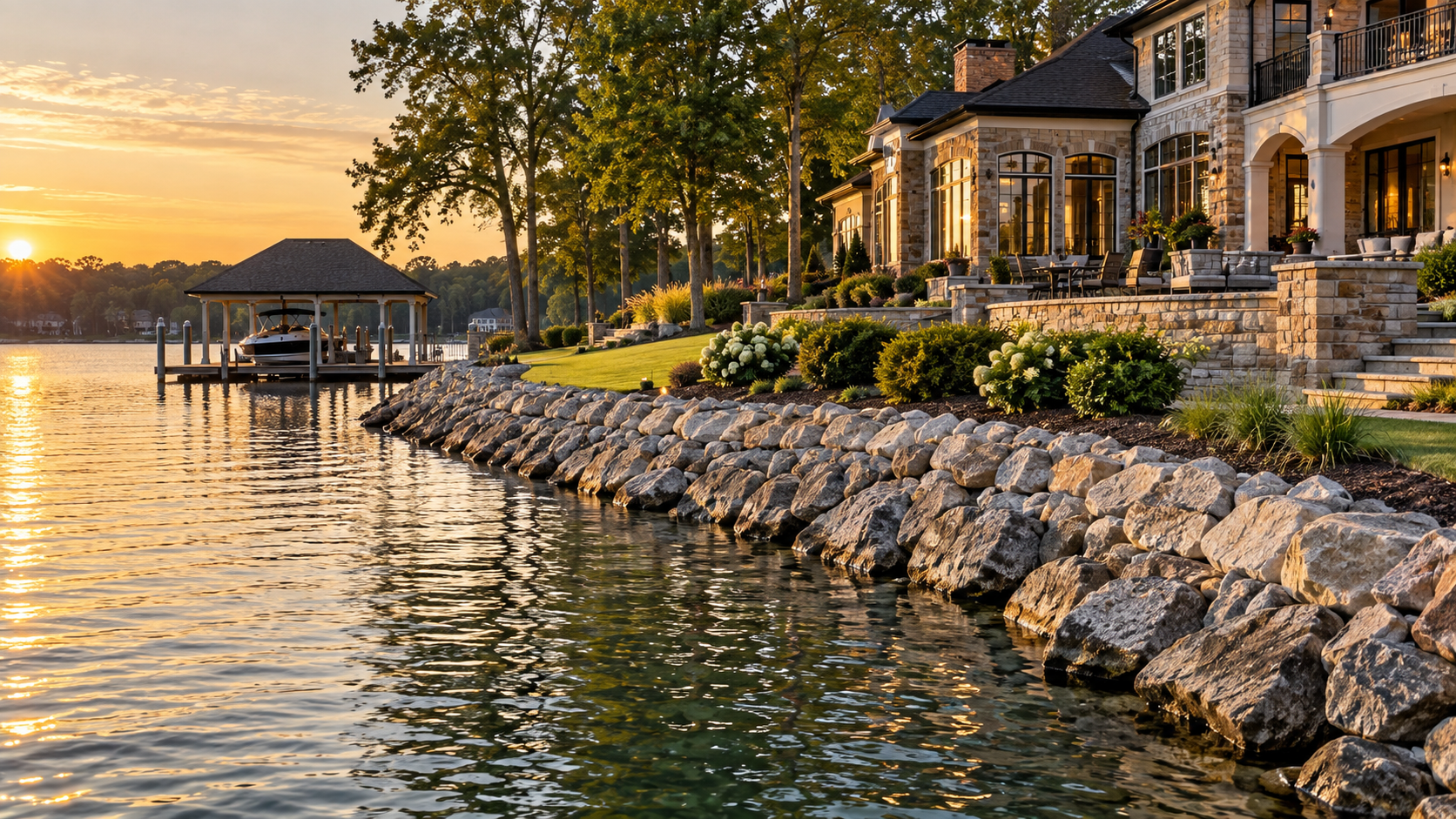 Maintained Lake Norman shoreline with riprap and landscaped waterfront. Maintained Lake Norman shoreline with riprap and landscaped waterfront.