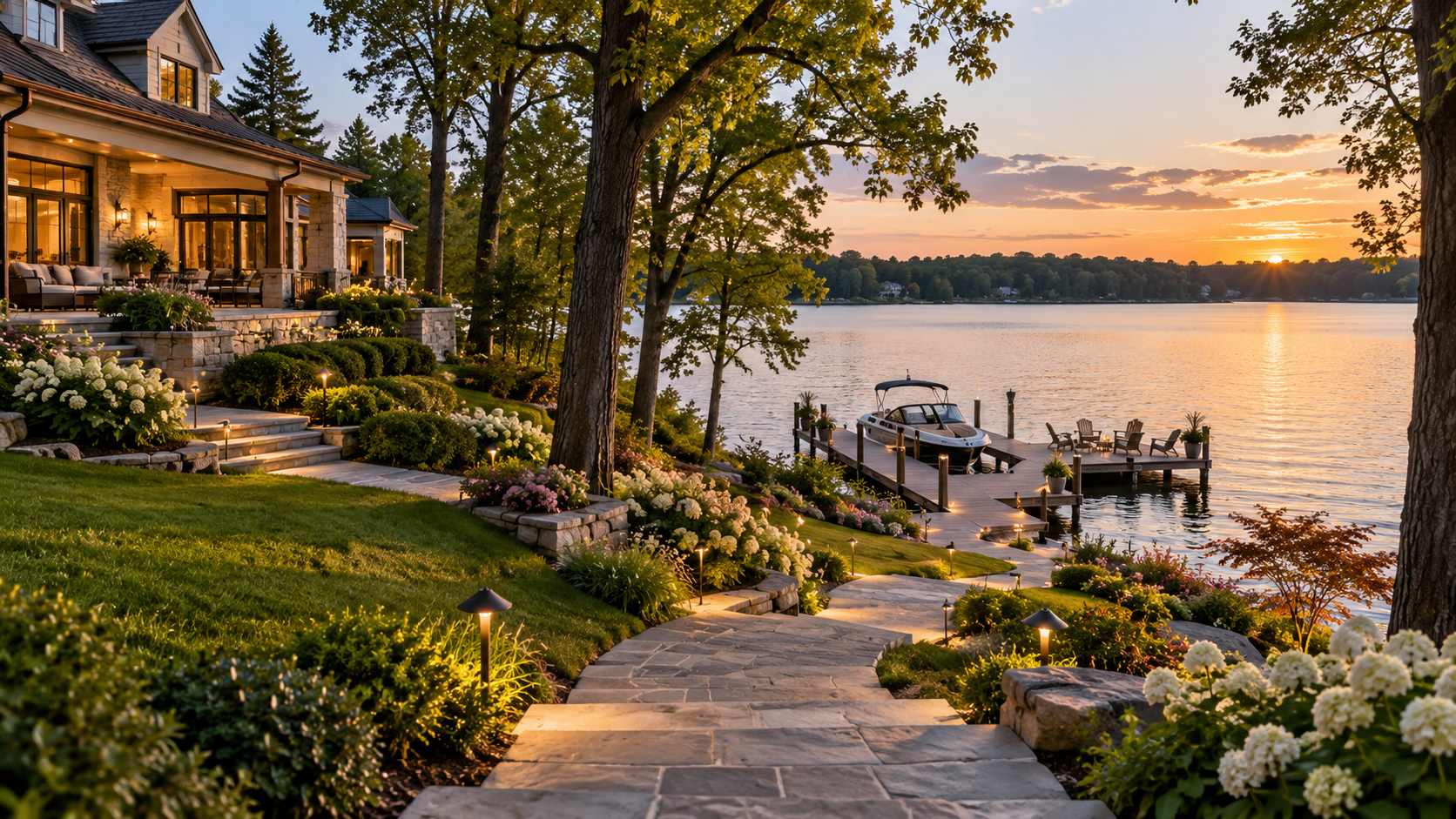 Landscaped path connecting a Lake Norman waterfront home to its private dock. Landscaped path connecting a Lake Norman waterfront home to its private dock.