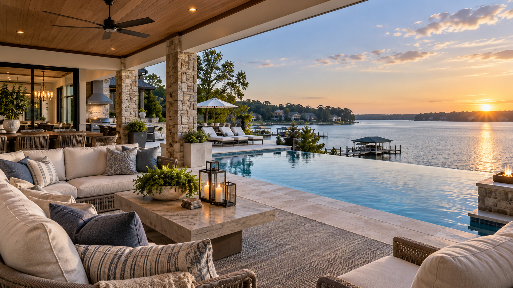 Luxury Lake Norman outdoor living area with pool and open-water views. Luxury Lake Norman outdoor living area with pool and open-water views.