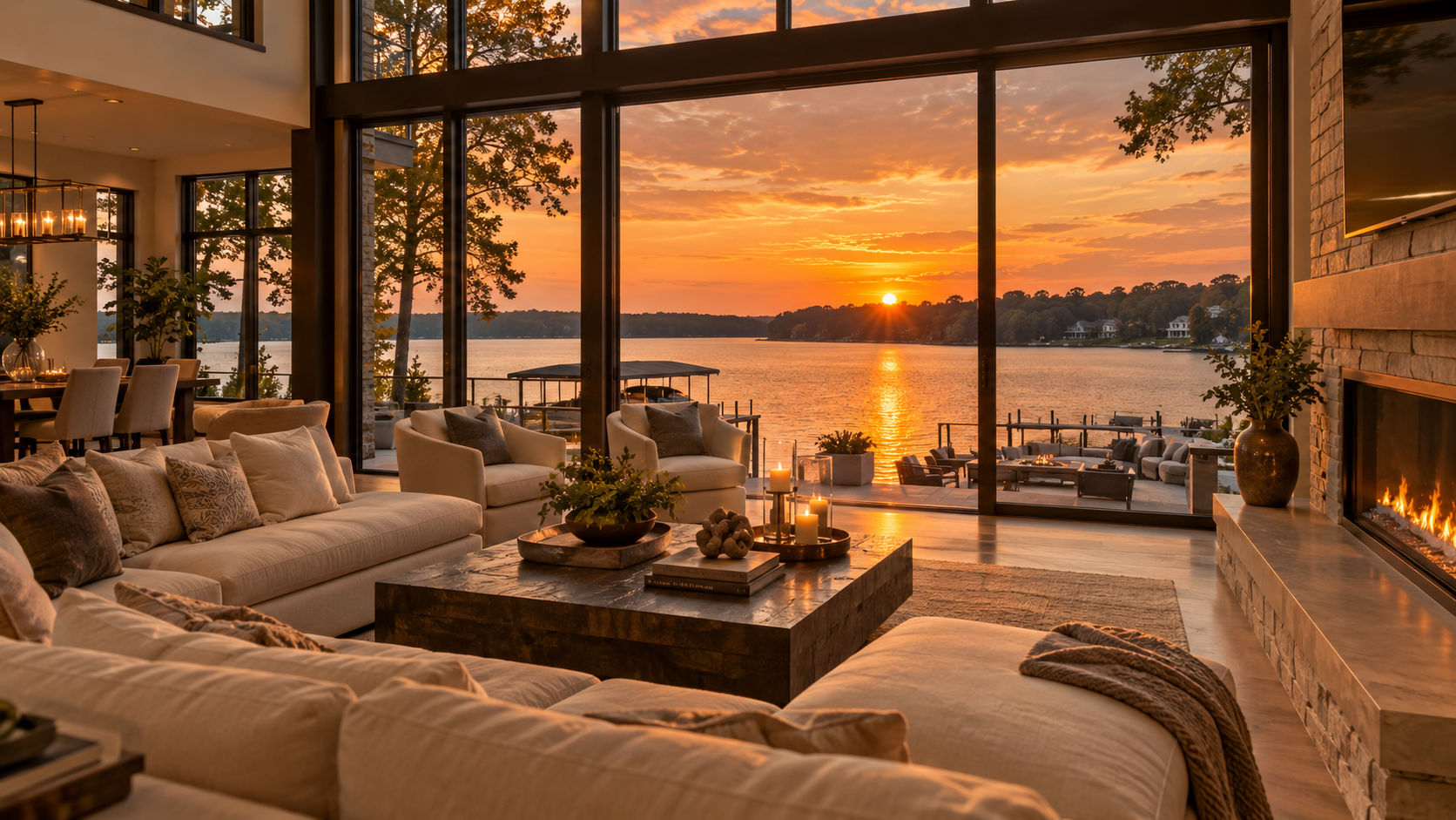 Panoramic Lake Norman water view from a luxury waterfront living room. Panoramic Lake Norman water view from a luxury waterfront living room.