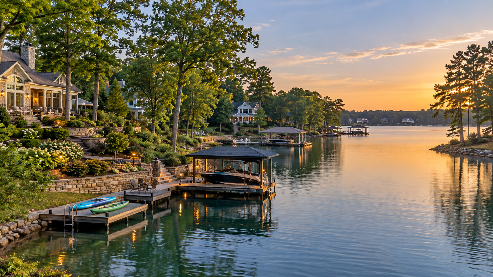 Protected Lake Norman cove with calm water, private docks, and paddleboards. Protected Lake Norman cove with calm water, private docks, and paddleboards.