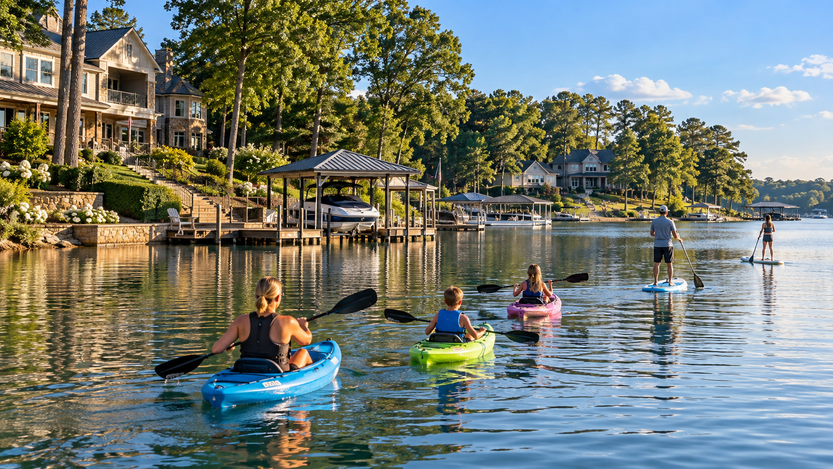 Kayaking and paddleboarding in calm cove water on Lake Norman. Kayaking and paddleboarding in calm cove water on Lake Norman.