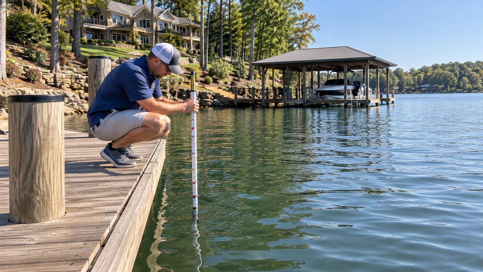 Measuring water depth at a Lake Norman dock before buying waterfront property. Measuring water depth at a Lake Norman dock before buying waterfront property.