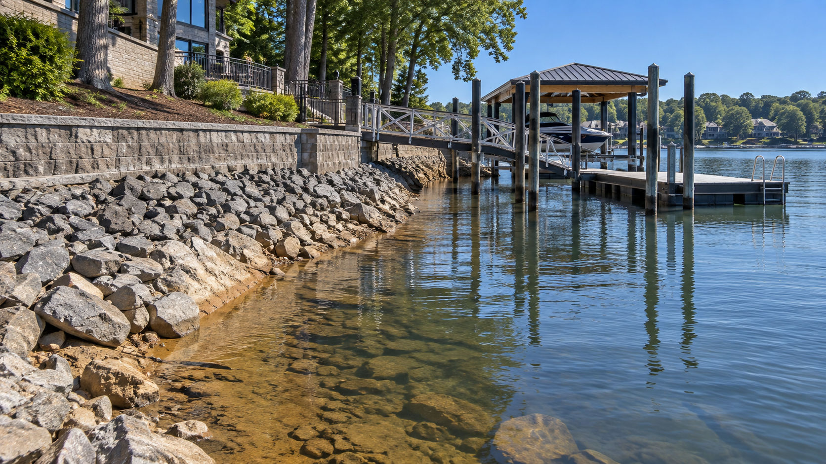 Exposed Lake Norman shoreline showing riprap, seawall, and dock pilings. Exposed Lake Norman shoreline showing riprap, seawall, and dock pilings.