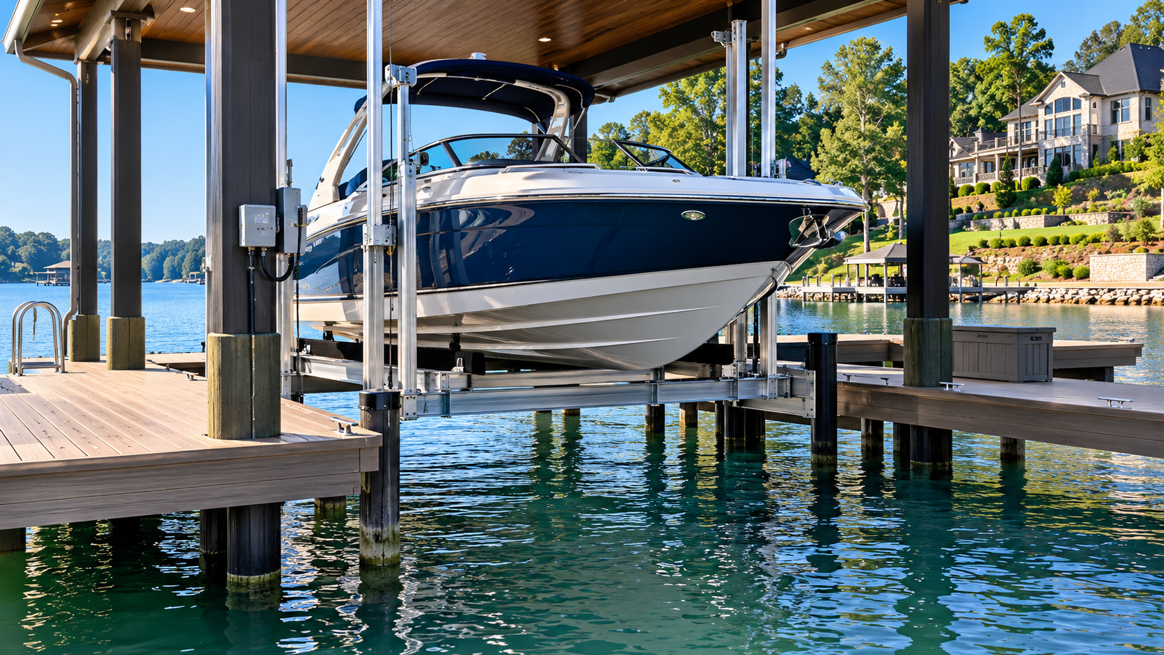 Boat lift clearance and water depth at a Lake Norman waterfront home. Boat lift clearance and water depth at a Lake Norman waterfront home.