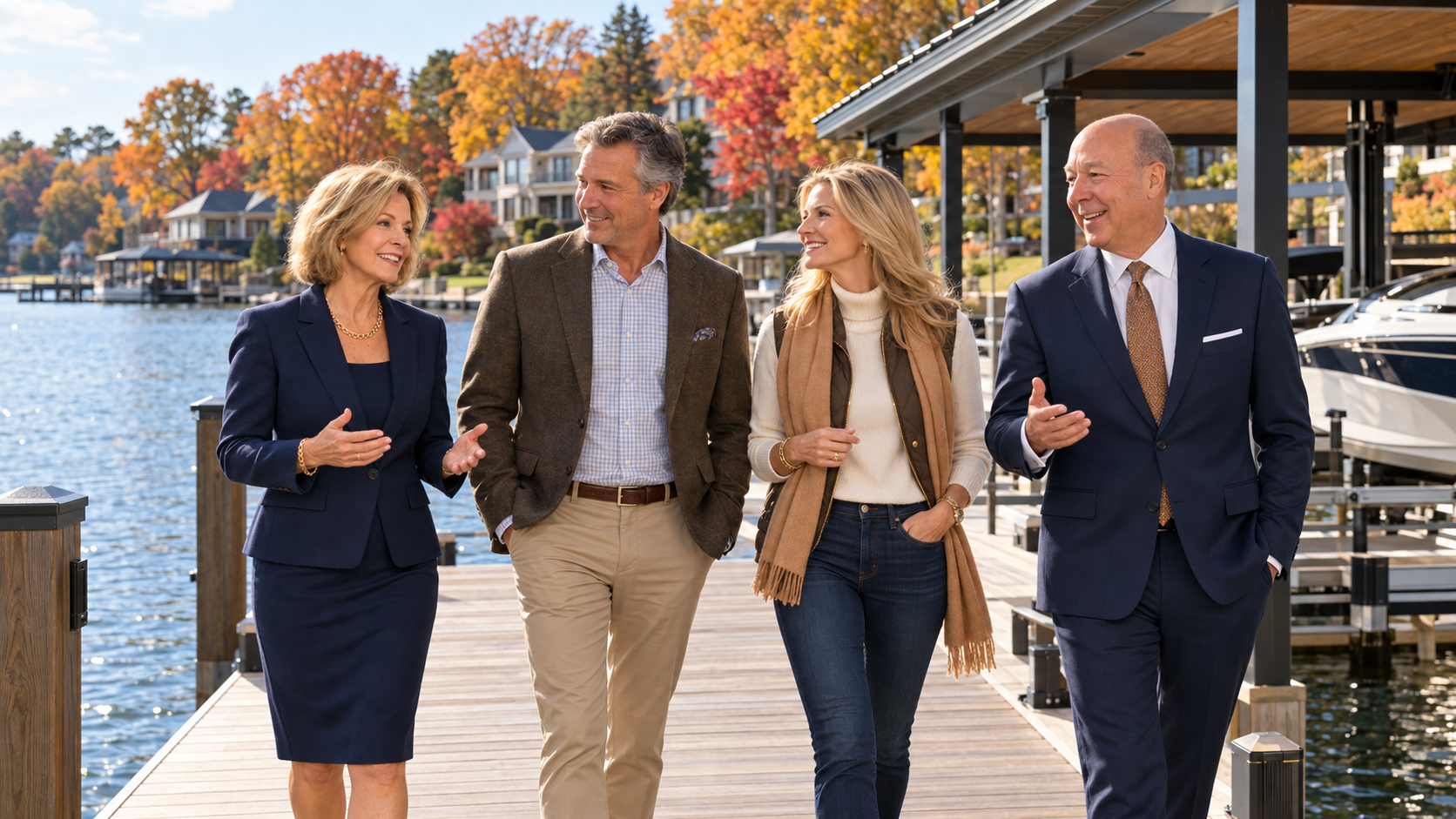 Waterfront home buyers evaluating a Lake Norman dock during a fall showing. Waterfront home buyers evaluating a Lake Norman dock during a fall showing.