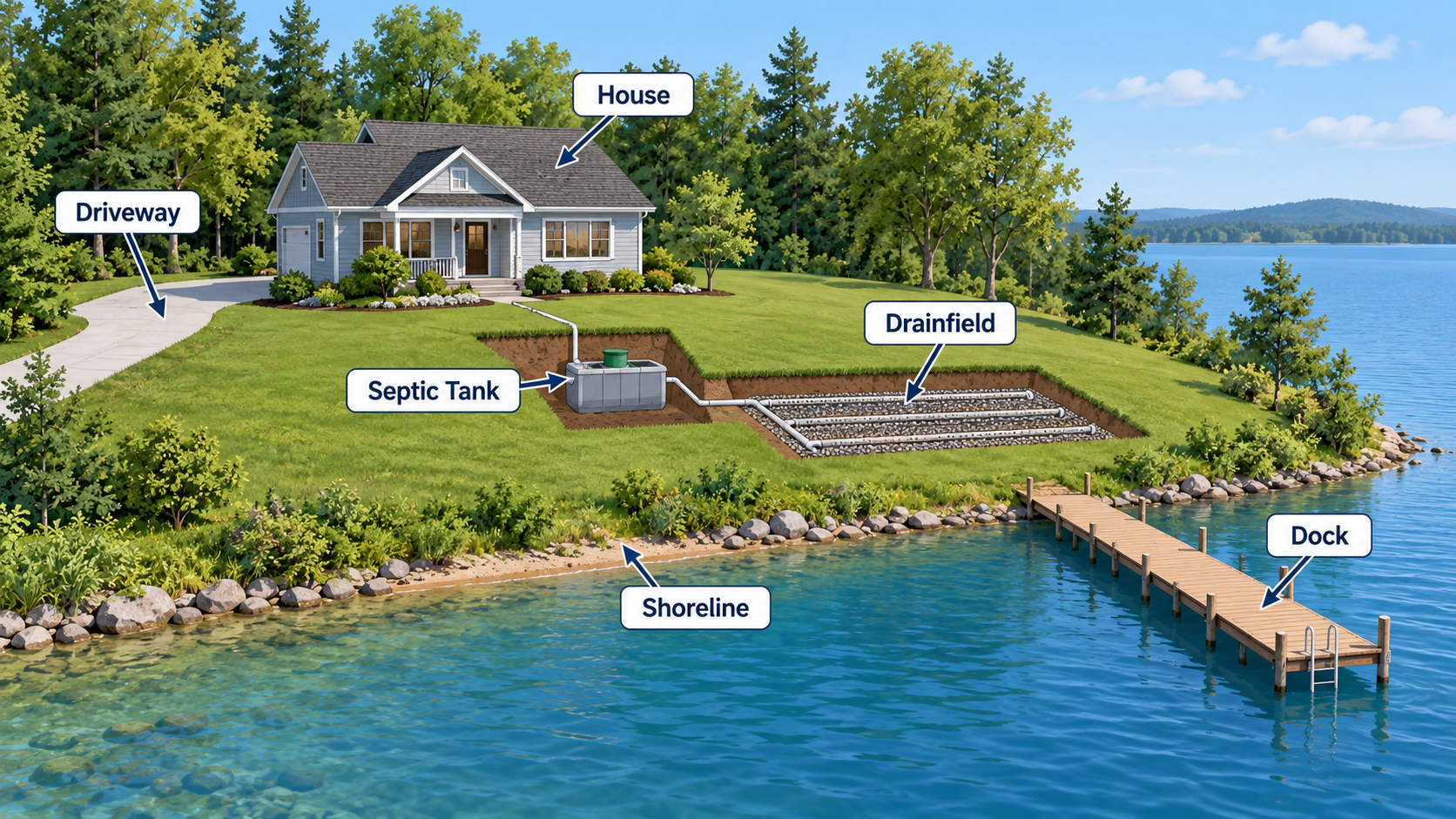 Diagram of septic tank and drainfield placement on a Charlotte-area waterfront property. Diagram of septic tank and drainfield placement on a Charlotte-area waterfront property.